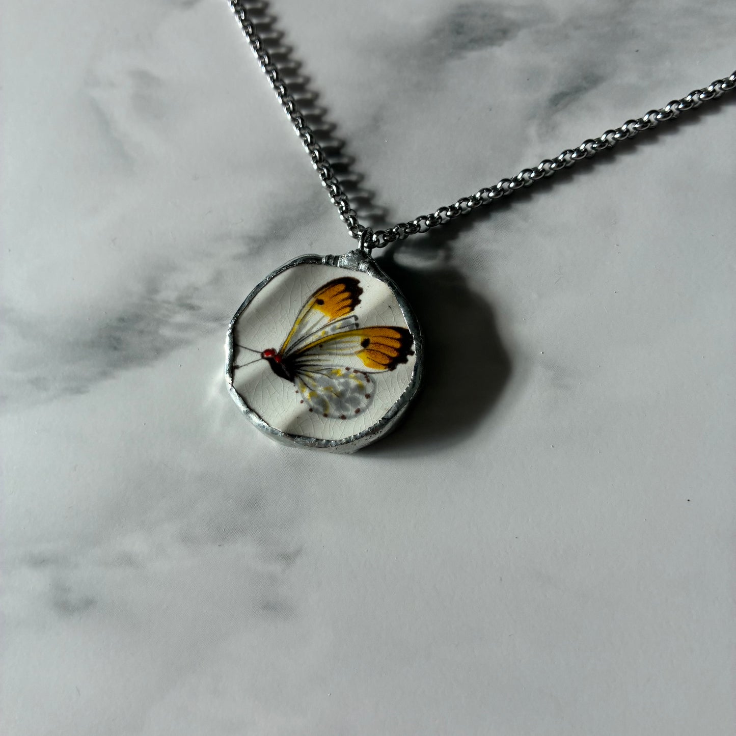 White & Gold Butterfly 2 Ceramic Pendant Necklace