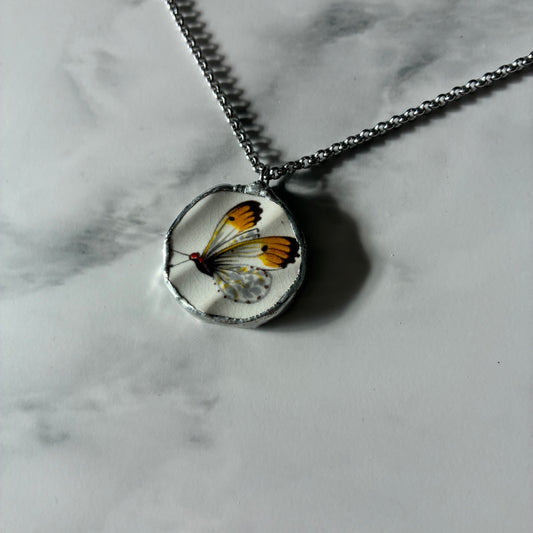 White & Gold Butterfly 2 Ceramic Pendant Necklace