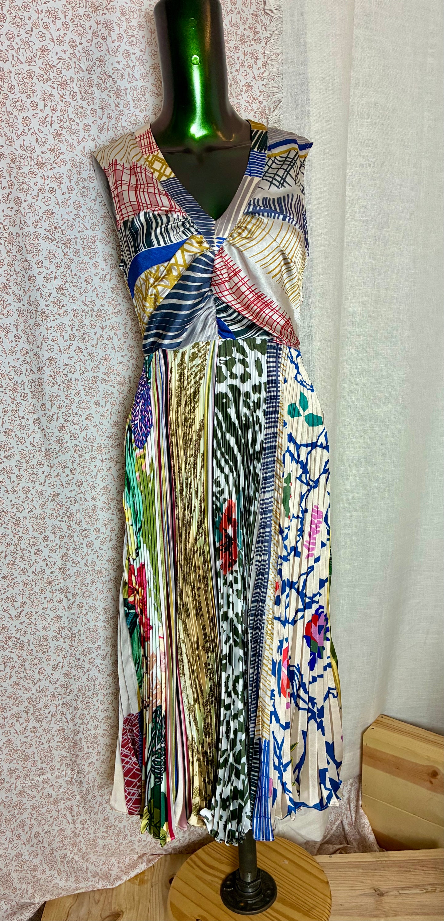 Patterned & Pleated Silk Dress