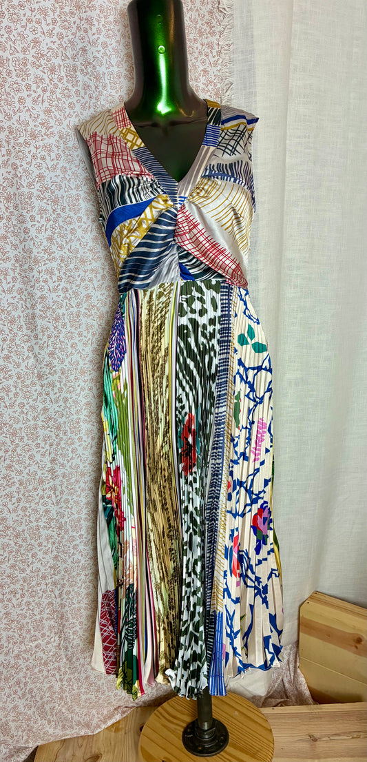 Patterned & Pleated Silk Dress