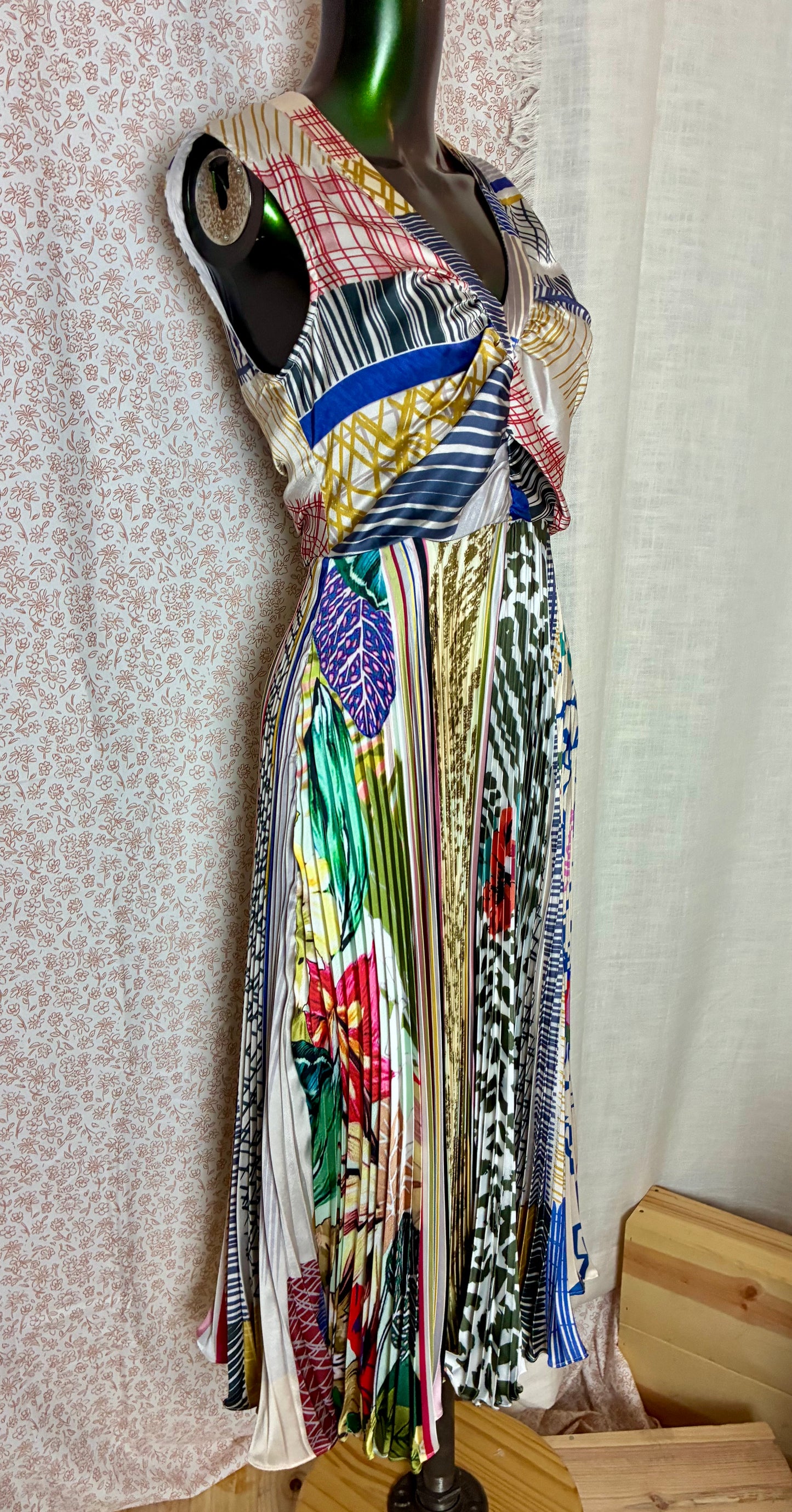 Patterned & Pleated Silk Dress